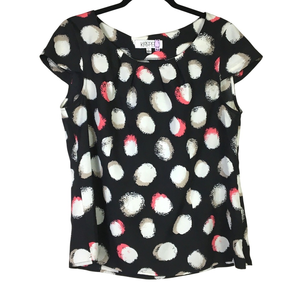 Kasper Abstract Polka Dot Cap Sleeve Pleated Blouse L Black Coral